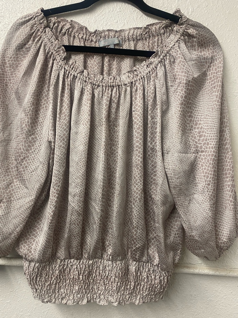 Violet & Claire - Silky Taupe Snake-Print Off-Shoulder Blouse